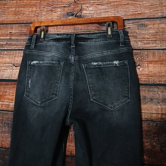 Flying Monkey Jeans 28 Button Fly Mid Rise Slit Flare Distressed Black Stretch - Picture 5 of 10